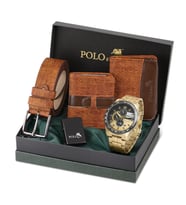Polo Air Erkek Set Kombin Kemer Cüzdan Kartlık Çakmak Kol Saati Hediyelik Kutusunda  Set PL-0972E (Taba)
