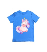 Unicorn baskılı pamuklu penye kumaş yazlık çocuk tişört (Mavi)