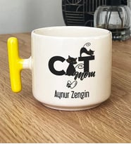 Kişiye Özel Cat Mom Hediye T Kupa Bardak Kedi Annesi -5- (Sarı)
