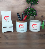 Sevgiliye Hediye Hediye Sepeti Kupa Bardak T Kulplu, Kalemlik ve Ahşap Telefon Standı Sevgililer Günü Hediyesi (Model 8)