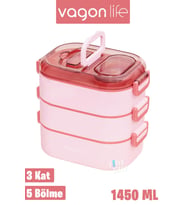 Vagonlife 1450 ML 3 Kat Çelik (2 Kat Kullanılabilir) Bento Lunch Box Yeni Nesil Sefer Tası-FFLBOX7083 (Pembe)
