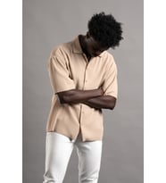 Oversize (Bol Kesim) Kalın Fitilli Likralı Kısa Kol Gömlek (Kahverengi)