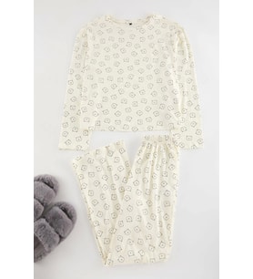Tarz Rahat Uzun Kollu Geniş Paça %100 Pamuklu Ayıcık Desenli Örme Pijama Takımı (Ekru)