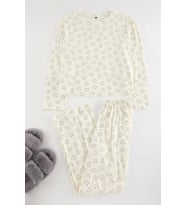 Tarz Rahat Uzun Kollu Geniş Paça %100 Pamuklu Ayıcık Desenli Örme Pijama Takımı (Ekru)
