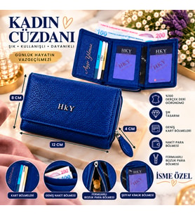 HKY Hakiki Deri İsme Özel Kadın Cüzdan (Saks)