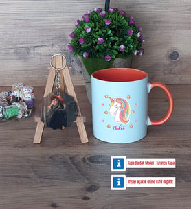 Unicorn Kupa Bardak Beyaz ve Fotoğraflı Ahşap Anahtarlık Hediye (Model 13)