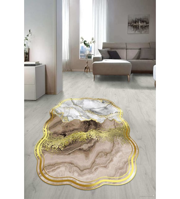 Dijital Baskılı Kaymaz Taban Yıkanabilir Lazer Kesim Salon Halısı Yolluk NLZR-HT-793 (Gold)