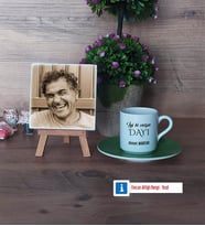Dayıya Hediye Fotoğraflı Dekoratif Taş, Ahşap Altlıklı Türk Kahvesi Fincanı Hediye (Model 9)