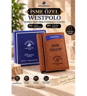 Westpolo Hakiki Deri İsme Özel Erkek Mekanizmalı Cüzdan (Taba)