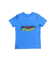 Spiderman baskılı örümcek adam pamuklu penye kumaş yazlık çocuk tişört (Mavi)