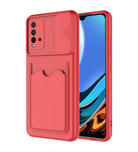 Xiaomi Poco M3 Kılıf Kartlıklı Lens Kapatmalı Kapak (Kırmızı)