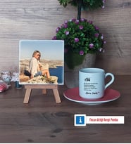 Ablaya Hediye Fotoğraflı Dekoratif Taş, Ahşap Altlıklı Türk Kahvesi Fincanı Hediye (Model 6)