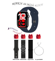 Samsung Galaxy M23 Uyumlu Açık Mavi Akıllı Saat Watch 10 Mini Kordon Hediyeli AMOLED EKRAN 41MM (Siyah-Lacivert)