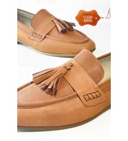 Kadın Püskül Detaylı Hakiki Deri Loafer (Taba)