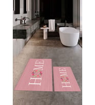 EVDEYA Baskılı Yıkanabilir Çiçekli Home Yazılı İkili Banyo Halısı Paspas Klozet Takımı, KLOZET-12-GRİ, (Pembe)