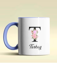Kişiye Özel T Harfi Temalı Çiçekli Tasarım Siyah Renk Kupa (Mavi)