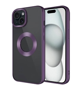 iPhone 15 Plus Kılıf Tek Kamera Çerçeveli Logo Gösteren Omega Kılıf (Koyu Mor)