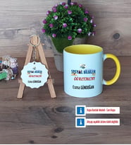 Sosyal Bilgiler Öğretmeni Kupa Bardak Kırmızı ve Ahşap Anahtarlık Hediye Öğretmenler Günü Hediyesi (Model 6)