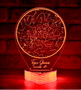 Kişiye Özel Burç Simgeli Gökyüzü Haritası, 3D LED Lamba (Kırmızı)