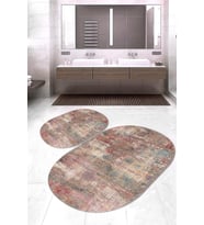 Dijital Baskılı Kaymaz Taban Yıkanabilir Oval 2'li Klozet Takımı Banyo Paspası NOKZ-HT-133 (Pembe)