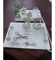 Adore Gümüş Beyaz İncili Söz Tepsisi Nişan Tepsisi ve Damat Kahve Fincan Tepsisi (Kırmızı)