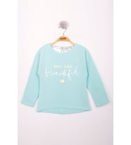 Toontoy Kız Çocuk Yazı Varaklı T-Shirt (Mint Yeşili)