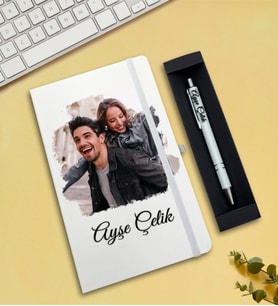 Kişiye Özel Fotoğraflı Defter & Kalem Hediye Seti (Beyaz)