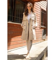 Pastelastore %100 Pamuk Gabardin Midi (95cm) Astarlı Kemerli Kadın Trençkot 1113 (Taş)