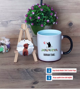 Jandarma Kupa Bardak Beyaz ve Fotoğraflı Ahşap Anahtarlık Hediye (Model 9)