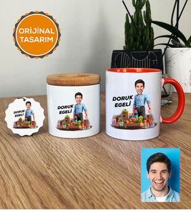 Kişiye Özel Karikatürlü Diyetisyen Hediye Seti Kupa Bardak, Kalemlik, Anahtarlık Diyetisyenler Günü Hediyesi Erkek Diyetisyene Hediye (Turuncu)