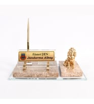 KREM SET ALTIN ASLAN FİGÜRLÜ DOĞAL HUZUR VEREN MERMER MASA İSİMLİK OFİS HEDİYESİ YENİ İŞ HEDİYESİ (Krem)