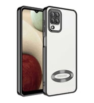 Samsung Galaxy M12 Kılıf Case, Logo Showing Serisi, Şeffaf, Kamera Korumalı, Logo Gösteren Renkli Çizgi Tasarım (Siyah)