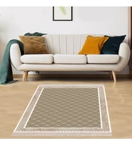 Geometrik Desenli Dijital Baskı Yıkanabilir Kaymaz Taban Etnik Kilim Desen Salon Halı (Bej)