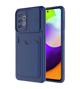 Samsung Galaxy A72 Kılıf Kartlıklı Lens Kapatmalı Kapak (Lacivert)