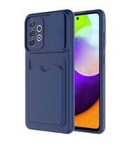 Samsung Galaxy A72 Kılıf Kartlıklı Lens Kapatmalı Kapak (Lacivert)