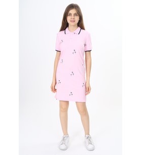 Toontoy Kız Çocuk Polo Yaka Garni Detaylı Baskılı Elbise (Açık Pembe)