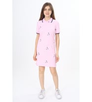 Toontoy Kız Çocuk Polo Yaka Garni Detaylı Baskılı Elbise (Açık Pembe)