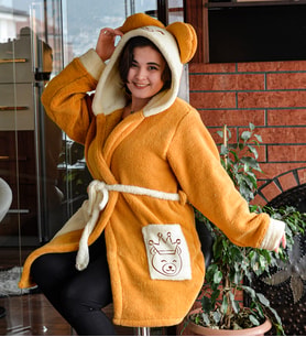 Kapşonlu Unisex Wellsoft Peluş Sabahlık (Kahverengi)