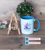 Developer Kupa Bardak Beyaz ve Fotoğraflı Ahşap Anahtarlık Hediye (Model 4)