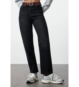 Stil Kadın Moda Denim Kot Pantolon Regular Boru Paça Yüksek Bel Straight Jeans (Siyah)