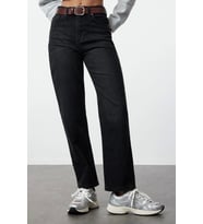 Stil Kadın Moda Denim Kot Pantolon Regular Boru Paça Yüksek Bel Straight Jeans (Siyah)