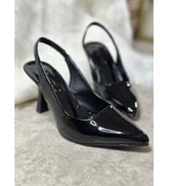 İmershoes Günlük Kadın Sivri Burun Saten İnce Topuklu Zara Model Abiye Ayakkabı (Siyah Rugan)