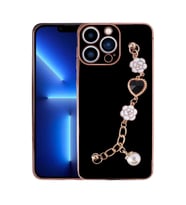 Apple iPhone 12 Pro Max Kılıf El Askılı Tutamaçlı Kamera Korumalı Renkli Gold Kenar Silikon Kapak (Siyah)
