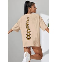 Unisex Sırt Kral Kelebek Baskılı T-shirt (Bej)