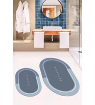 EVDEYA Dijital Baskılı Yıkanabilir Bathroom Yazılı Oval Banyo Paspası Klozet Takımı, OKLOZET-1-GRİ, (Mavi)