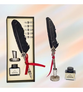 HEDİYESİBİZDEN KUTULU TÜYLÜ DİVİT DOLMA KALEM SET (Siyah)