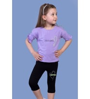 Toontoy Kız Çocuk Düşük Kol Büzgü Detaylı Baskılı Taytlı Takım (Lila)