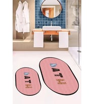 EVDEYA Dijital Yıkanabilir Renkli Bath Yazılı İkili Oval Banyo Paspası Klozet Takımı, OKLOZET-8-BEYAZ, (Pembe)