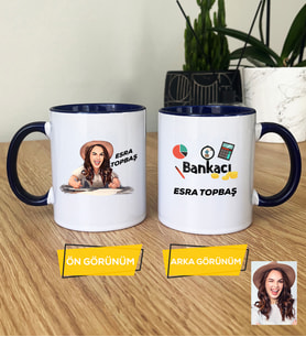 Kişiye Özel Karikatürlü Kadın Bankacı Kupa Bardak Kadın Bankacıya Hediye (Lacivert)