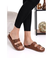 Mulex 10651 Çift Toka Kadın Terlik Comfort Anatomik Kadın Ev Dışarı Terliği (Taba)